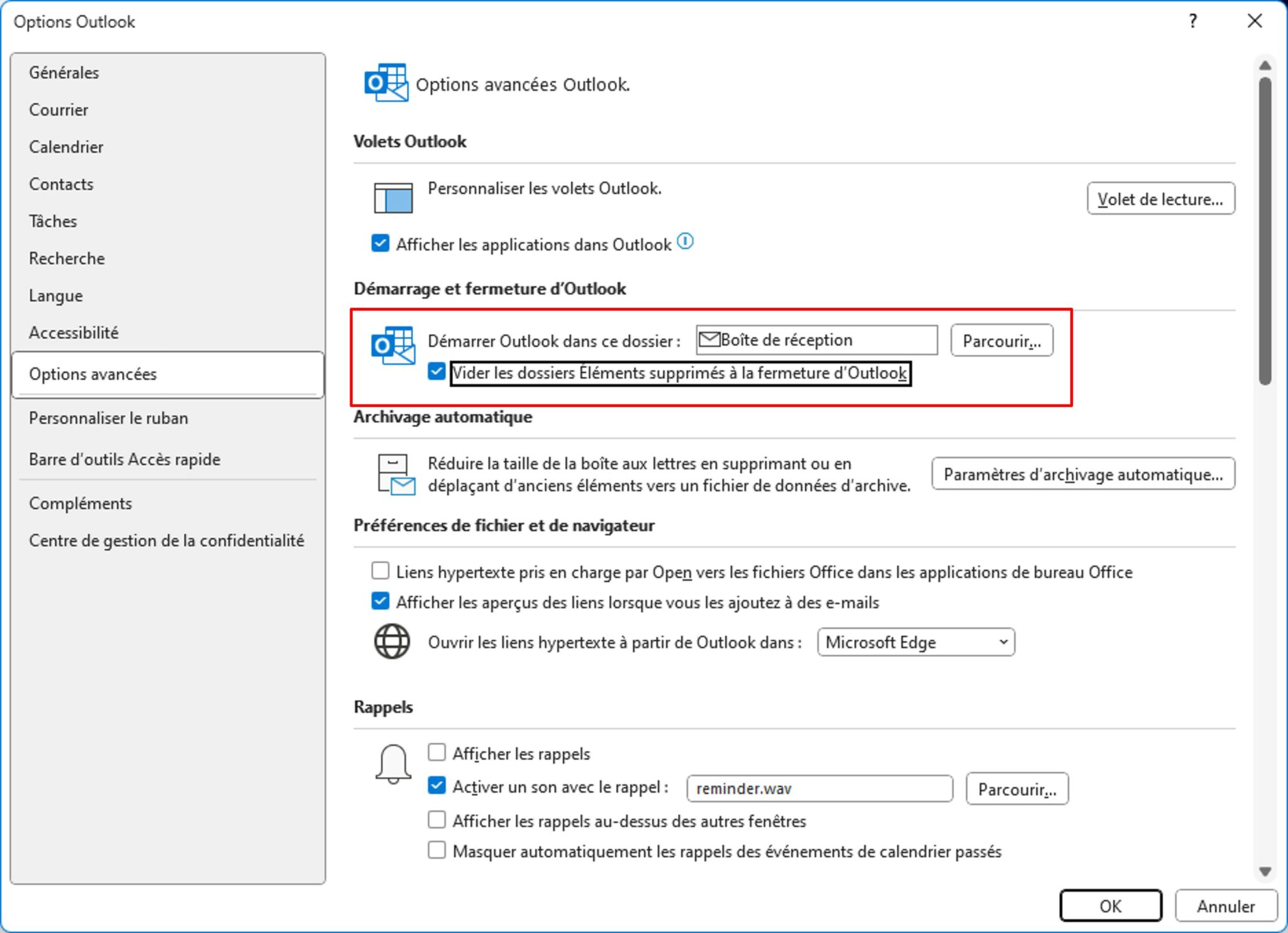 Outlook : Vider la corbeille à chaque fermeture - Misty'tips